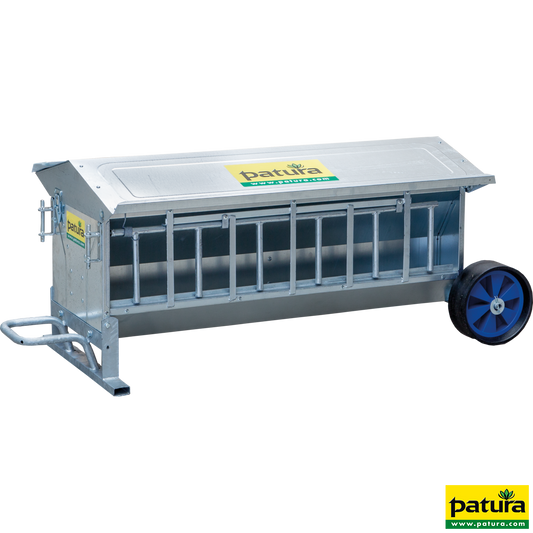 Lämmer-Futterautomat, L= 1,25 m, fahrbar Inhalt ca. 120 ltr., mit Dach, verzinkt