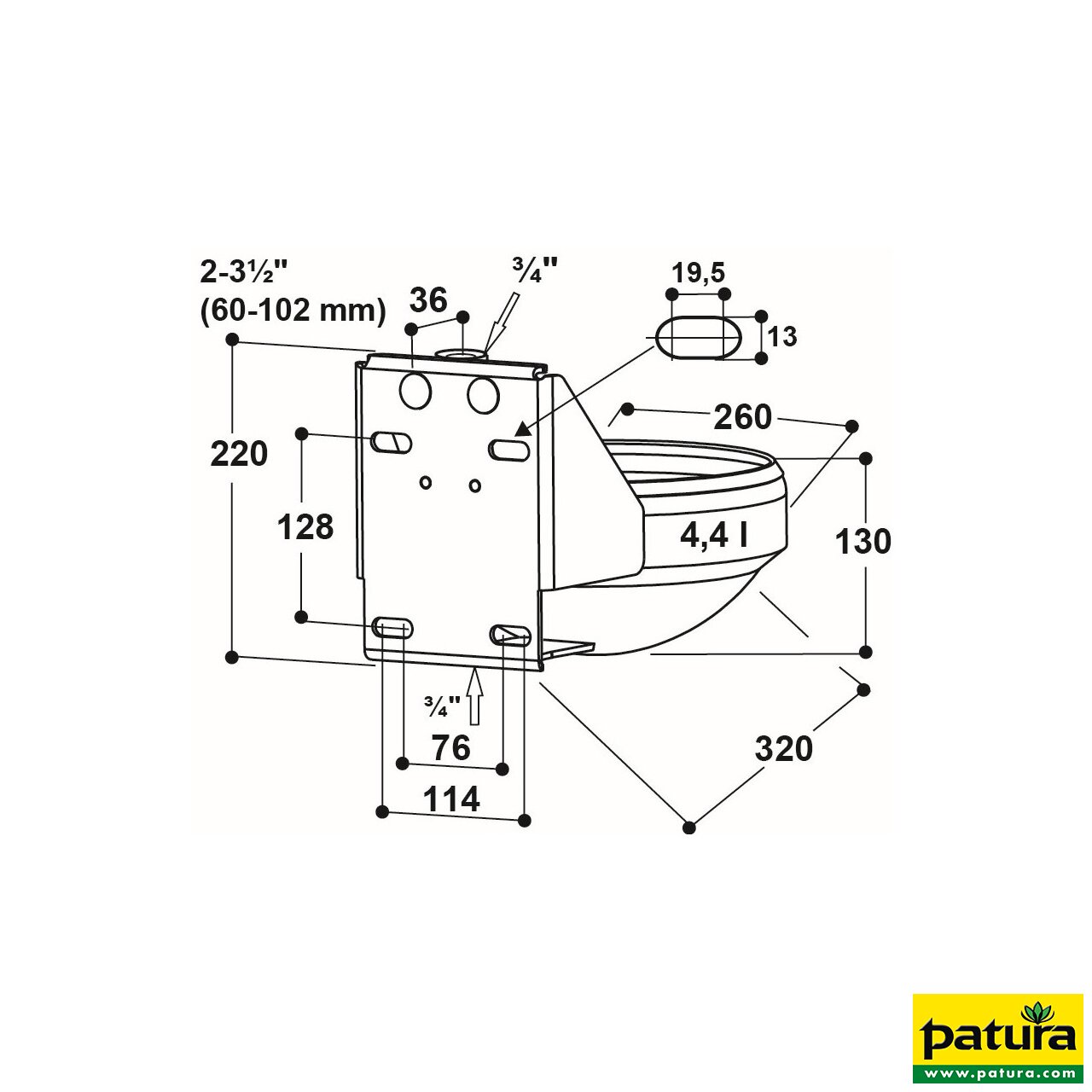 Edelstahl-Rohrventilbecken Mod. 1220 komplett aus Edelstahl, 3/4" Ventil