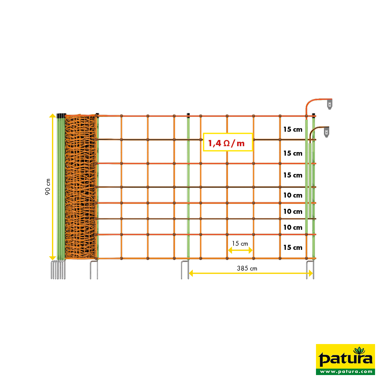 Elektrozaunnetz "plus/minus" 90 cm hoch, mit Doppelspitze, 50 m