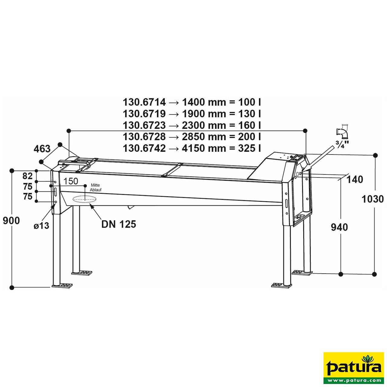 Schnellablauf-Trog 4,20 m (325 l) Modell 6742 für Wandmontage, Edelstahl