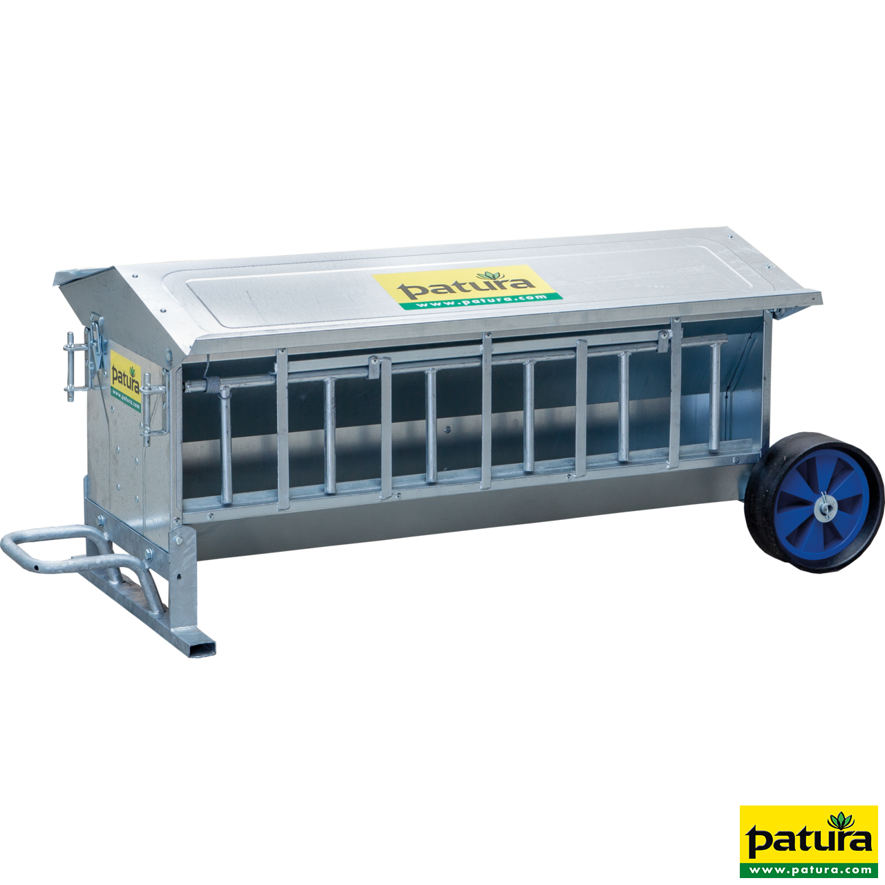 Lämmer-Futterautomat, L= 1,25 m, fahrbar Inhalt ca. 120 ltr., mit Dach, verzinkt