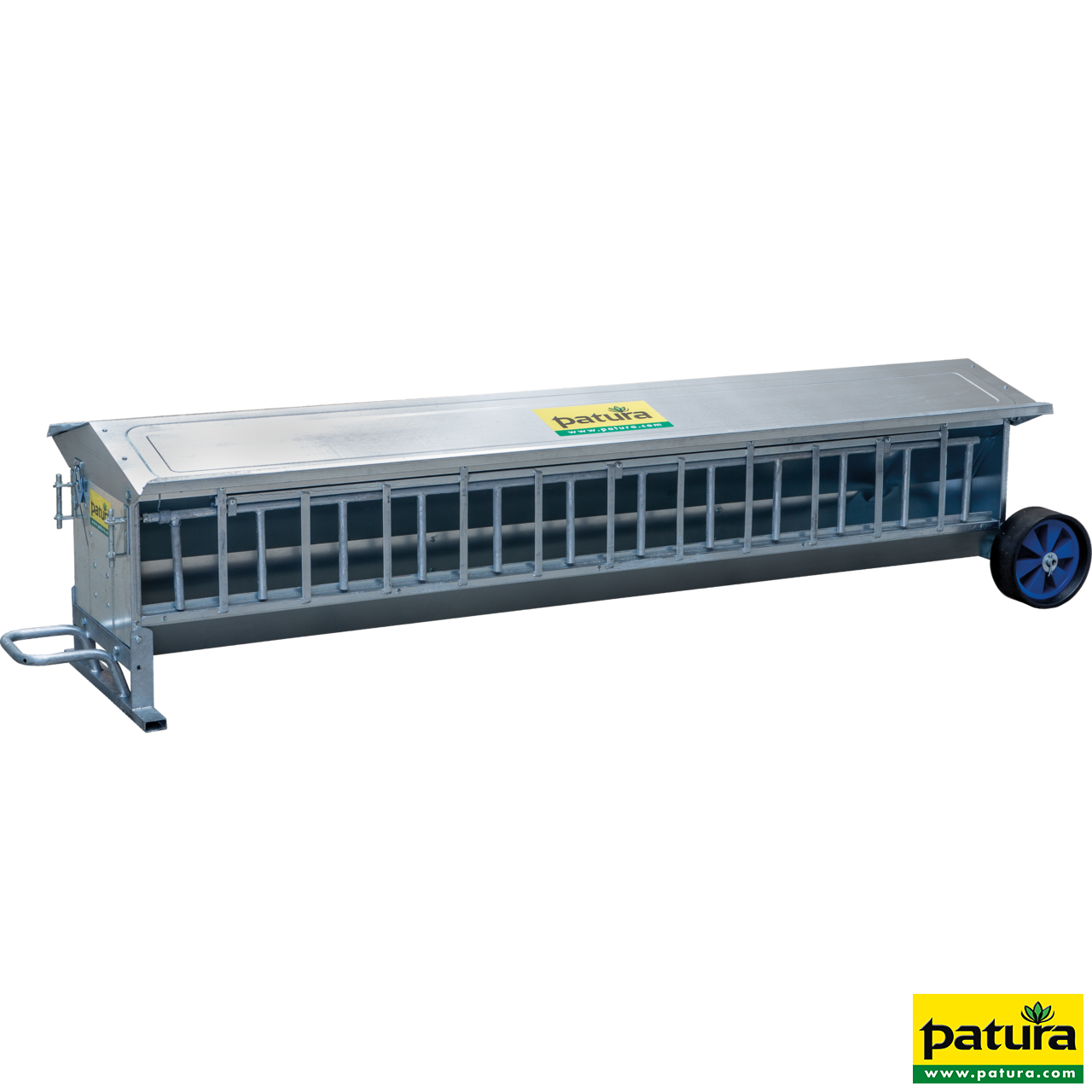 Lämmer-Futterautomat, L= 2,44 m, fahrbar Inhalt ca. 240 ltr., mit Dach, verzinkt