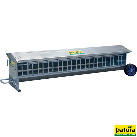 Lämmer-Futterautomat, L= 2,44 m, fahrbar Inhalt ca. 240 ltr., mit Dach, verzinkt