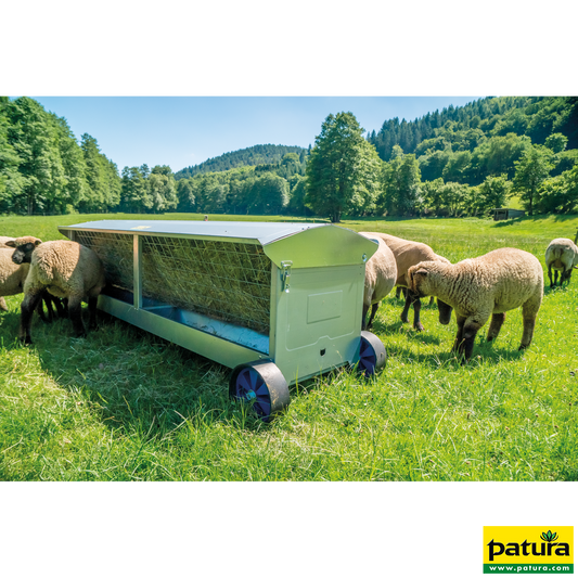 Heuraufe mit Rädern, L=1,25m mit Dach, für Lämmer und Schafe